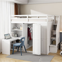 Bellemave® Full Size Loft Bed with Wardrobe,Desk and Shelves