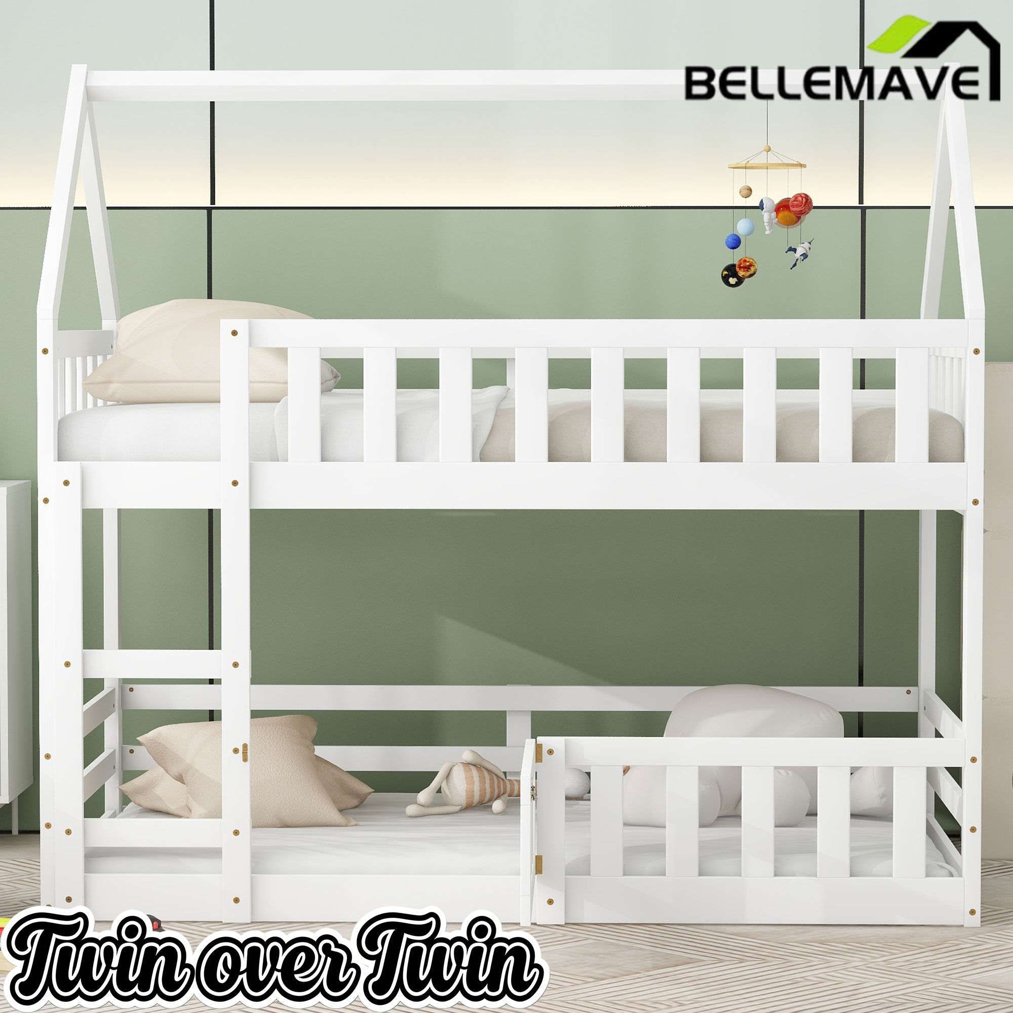 Bellemave House Bunk Bed for Kids, Twin Over Twin Floor Bunk Bed with Fence Railings and Door, Wooden Convertible Playhouse Loft Beds with Ladder for Boys Girls Teens, Gray Bellemave