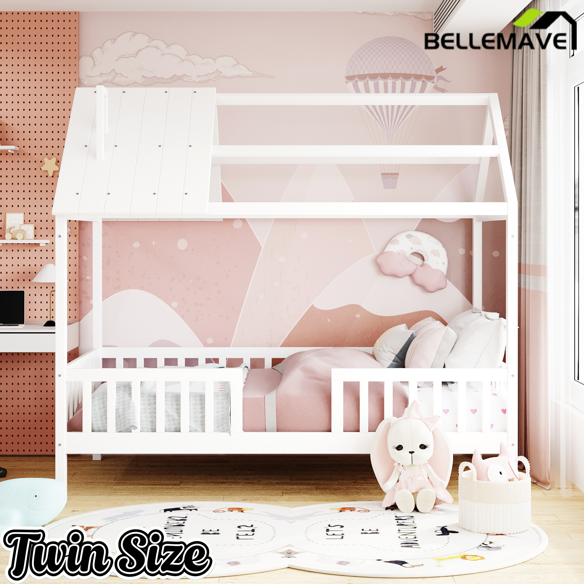 Bellemave® Twin Size House Bed with Fences for Kids, Wood Platform Bed Frame with Roof and Guardrails for Kids, Boys & Girls, White Bellemave®