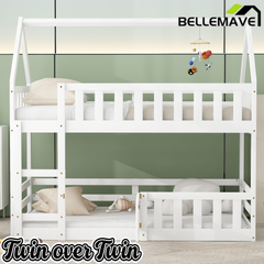 Bellemave House Bunk Bed for Kids, Twin Over Twin Floor Bunk Bed with Fence Railings and Door, Wooden Convertible Playhouse Loft Beds with Ladder for Boys Girls Teens, Gray Bellemave