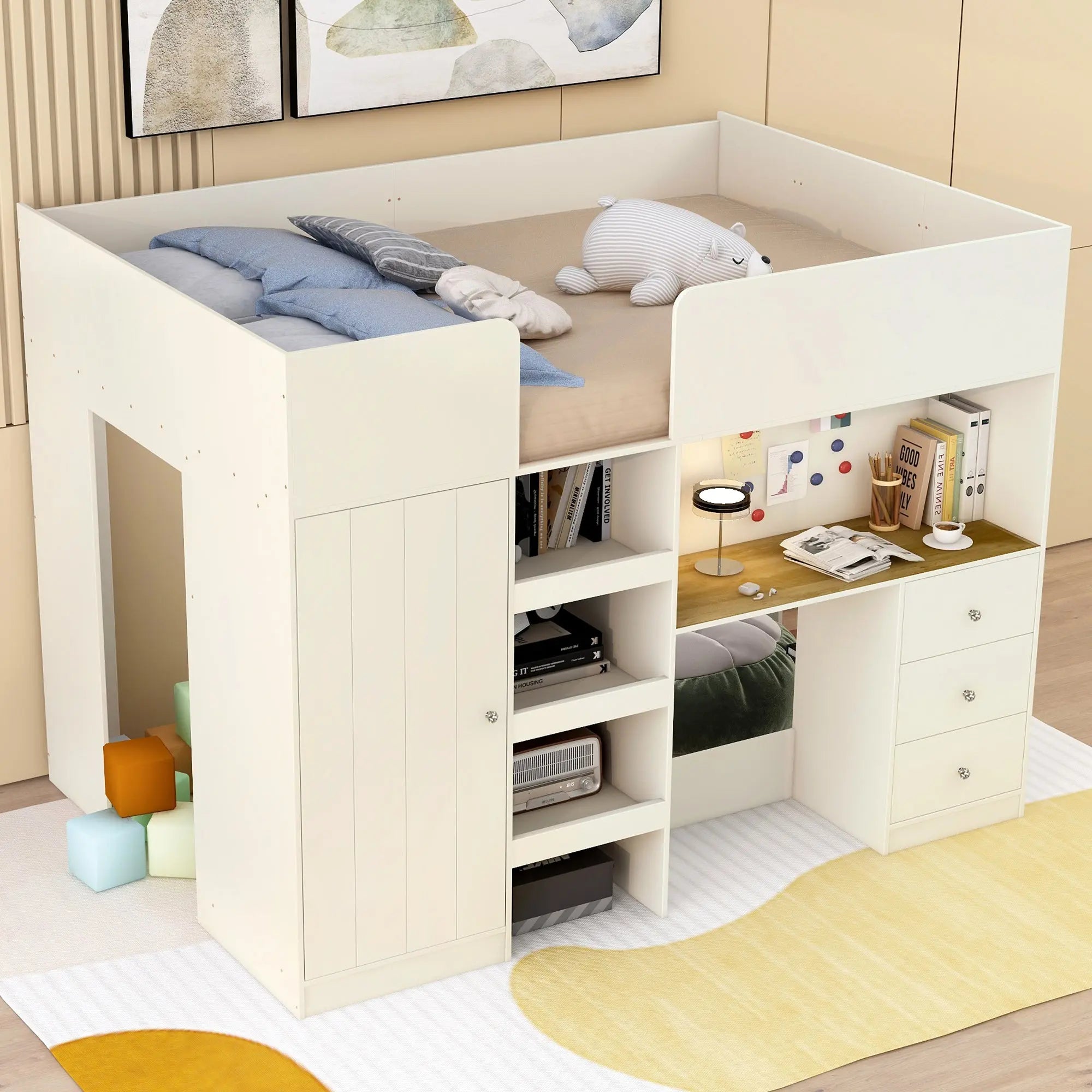 Bellemave® Full Size Wood Loft Bed with Built-in Wardrobe, Desk, Storage Shelves and Drawers Bellemave®