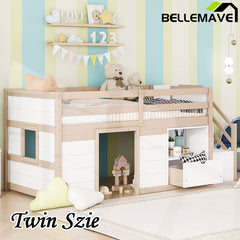 Bellemave® Twin Size Low Loft Bed with Stair, Drawer and Shelf, Built-In Space Under Bed