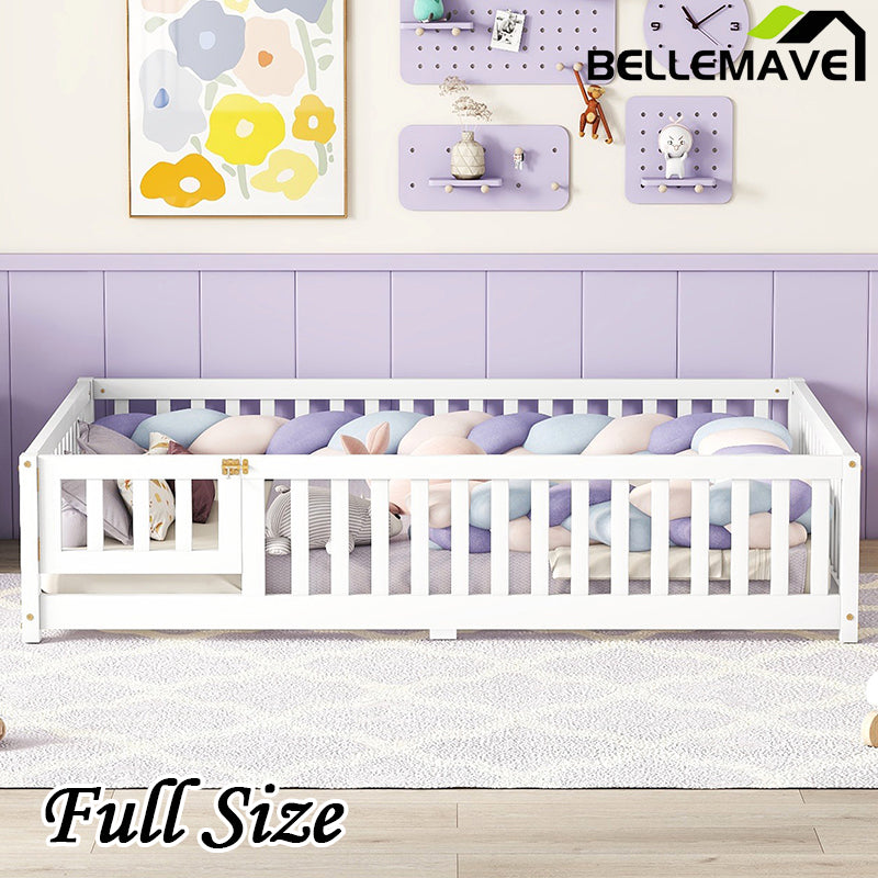 Bellemave® Full Size Montessori Floor Bed with Safety Guardrails and Door