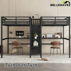 Bellemave® Twin Over Twin Metal Loft Bed with Double Desk, Wardrobe and Shelves with Electrical Outlet
