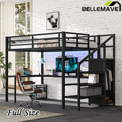 Bellemave® Metal High Loft Bed with L-shaped Desk and USB, Wardrobe and Adjustable Shelf, LED Light