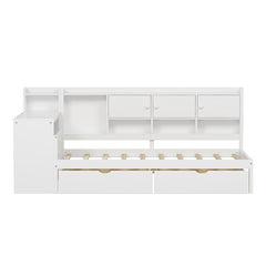 Bellemave® Wooden L-Shape Daybed with Seven Storage Cabinets and Two Storage Drawers, Study Desk and Built-in Bookshelf