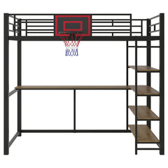 Bellemave® Twin Size Metal Loft Bed with Shelves, Desk and Basketball Hoop