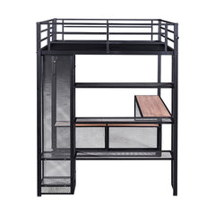 Bellemave® Full Size Metal Loft Bed with Storage Iron Mesh and MDF Shelves and Open Wardrobe