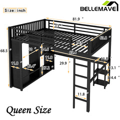 Bellemave® Metal Loft Bed with Built-in Wardrobe, Desk and Storage Shelves