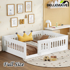 Bellemave® Solid Wood Floor Bed with Slats, Heightened Safety Guardrails and Door