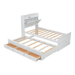 Bellemave® Wooden Platform Bed with Storage Headboard with Outlets, Twin Size Trundle with Three Storage Drawers