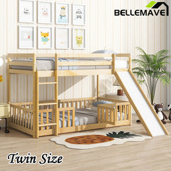 Bellemave® Twin Size Solid Pine Wood Floor Bunk Bed with Slide and Ladder, Door and Safety Guardrails