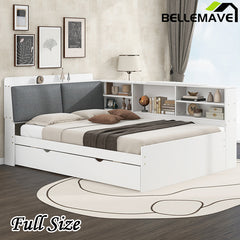 Bellemave® Full Size Wood Daybed with Trundle, Shelves and Storage Headboard