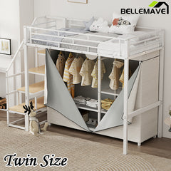 Bellemave® Metal Loft Bed with Wardrobe and Storage Shelves