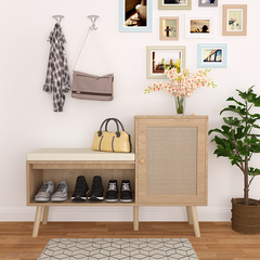 Bellemave® 2-in-1 Natural Rattan Shoe Cabinet with 2 Adjustable Shelves and Removable Seat Cushion