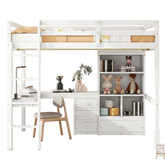 Bellemave® Full Size Loft Wood Bed with Desk, Storage shelves and Drawers, Built-in Ladder and Guardrails