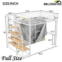 Bellemave® Metal Loft Bed with Wardrobe and Storage Shelves