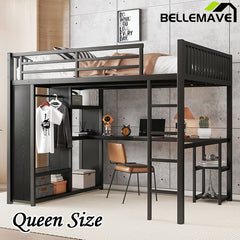 Bellemave® Metal Loft Bed with Built-in Wardrobe, Desk and Storage Shelves