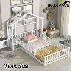 Bellemave® Twin Size House-Style Headboard Floor Bed with Fence