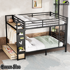 Bellemave® Bunk Bed Queen Over Queen,Metal Bunk Bed with Shelf, Guardrails, Storage Drawers & Clothes Hooks for Kids, Teens & Adults（Black）