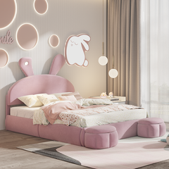 Bellemave® Full Size Upholstered Platform Bed with Cartoon Ears Shaped Headboard and Light