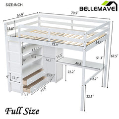 Bellemave® Full Size Loft Bed with Built-in Wardrobe and Desk, Storage Shelves and Drawers