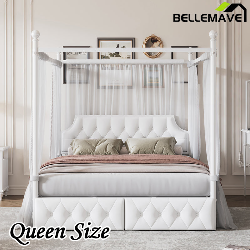 Bellemave® Metal Canopy Platform Bed with Upholstered Headboard and Two Storage Drawers