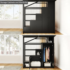 Bellemave® Full Size Metal Loft Bed with Storage Shelves, Cabinets and Wardrobe