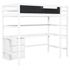 Bellemave® Twin Size Loft Bed with Desk, Blackboard and Storage Box, Shelf and 3 Drawers