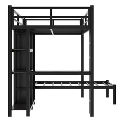 Bellemave® Full XL over Twin Metal Bunk Bed with Desk and Bookshelf ,Storage Shelves and Wardrobe