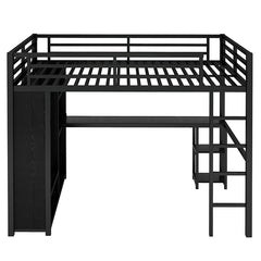 Bellemave® Queen Size Metal Loft Bed with Built-in Wardrobe, Desk and Storage Shelves