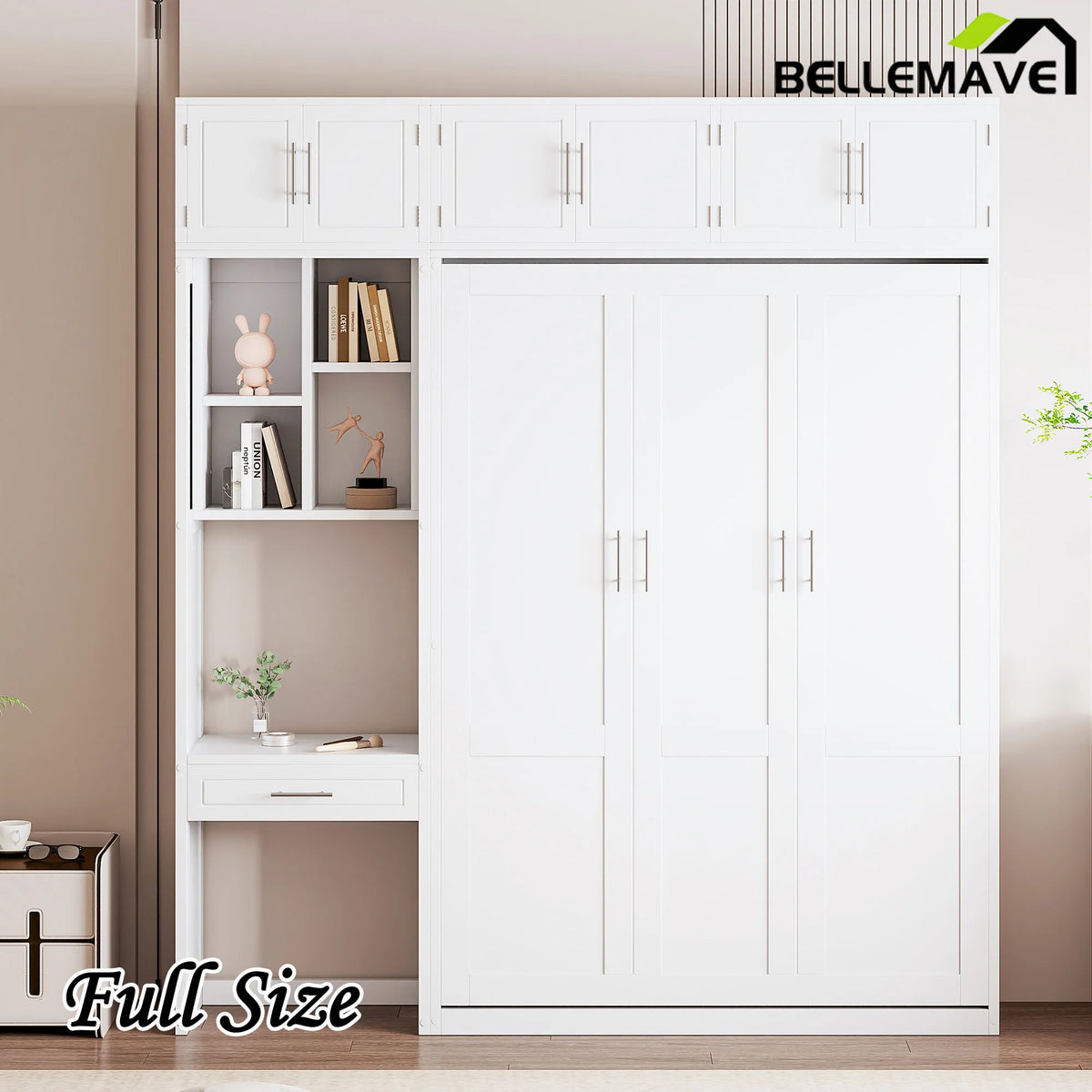 Bellemave® Full Size Wall Murphy Bed with Desk, Top Cabinet and Storage Shelves