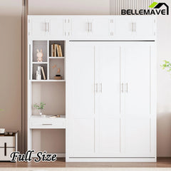 Bellemave® Full Size Wall Murphy Bed with Desk, Top Cabinet and Storage Shelves