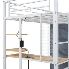 Bellemave® Loft Metal Bed with Desk,Shelves,Power Outlet,LED Light and Wardrobe