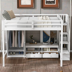 Bellemave® Full Size Loft Bed with Wardrobe,Low Storage Table and Storage Staircase