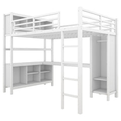 Bellemave® Full Size Metal Loft Bed with Wardrobe And L-shaped Desk,  Storage Cubes and Shelves