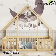 Bellemave® Wood House-Shaped Floor Bed with Fence and Guardrails