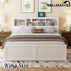 Bellemave® King Size Wood Platform Bed with Multi-storage Headboard, USB and Drawers