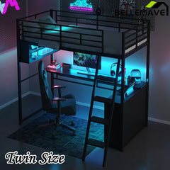 Bellemave® Metal Loft Bed with LED, Desk and 4 Storage Shelves