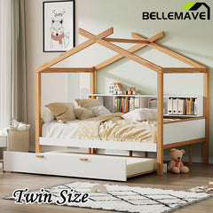 Bellemave® Wooden House Bed with Original Wood Color Frame with Trundle Bed and Bookshelf Storage Space