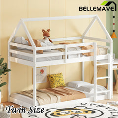 Bellemave® Twin Size Rubber Wood Floor House Bunk Bed with ladder,Guardrails