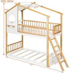 Bellemave® Twin Size House Bunk Bed Wood Bed with Roof, Window, Ladder