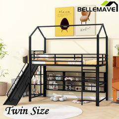 Bellemave® Twin Size Metal House Loft Bed with Iron mesh Shelves and Slide