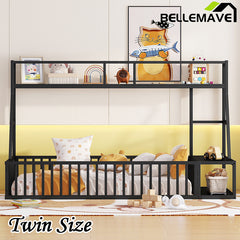 Bellemave® Metal Floor Bed with Safety Fence, Desk and Storage Shelves