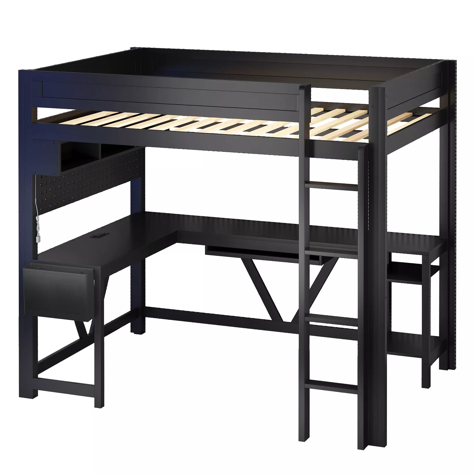 gaming loft bed with built in storage and LED lighting