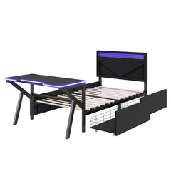 Bellemave® Metal Gaming Platform Bed with LED Headboard, LED Desk, USB and Two Storage Drawers