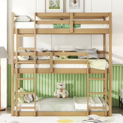 Bellemave® Twin over Twin over Twin Rubber Wood Triple Bunk Bed with Ladders and Guardrails(Detachable)