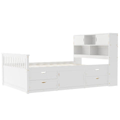 Bellemave® Full Size Captain Platform Bed with Storage Bookcases and Shelves,Four Drawers