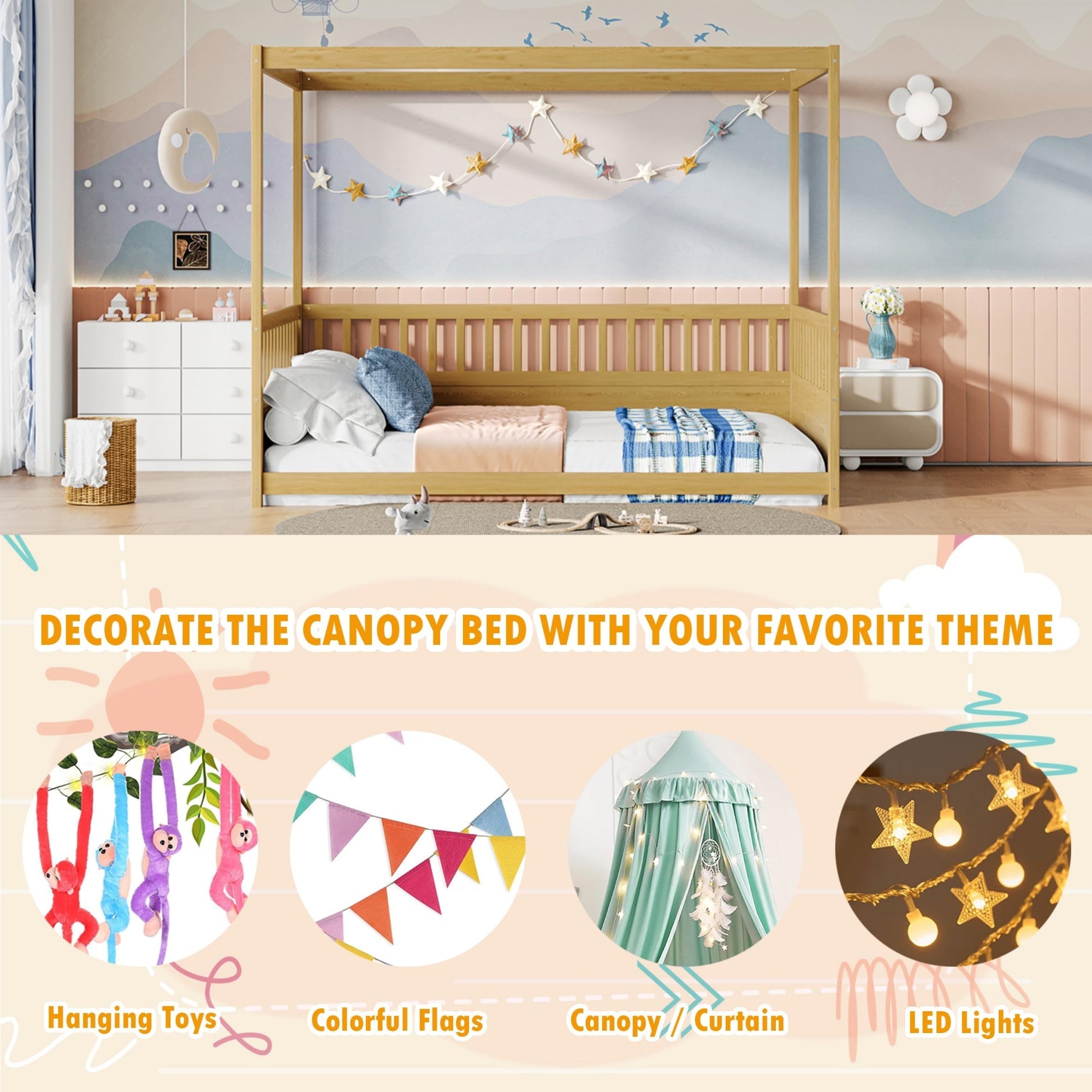 Bellemave® Full Size Canopy Bed Frame with 4 Posters and Guardrails, Full Size Montessori Floor Bed with High Fence, Natural Bellemave®