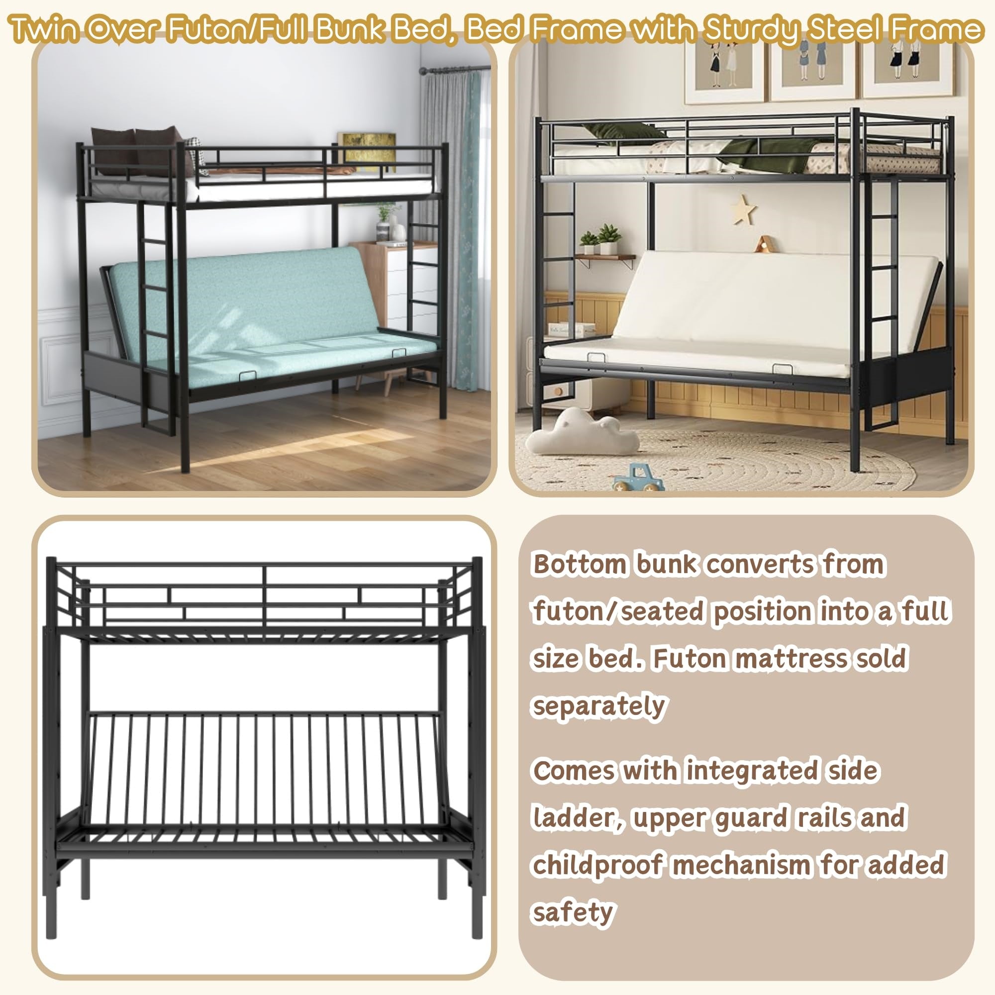 Bellemave Twin Over Full Metal Bunk Bed with Two Side Ladders & Guardrail, Bottom Full Size Bunk Bed Can be Converted into Futon/Seat(Black) Bellemave